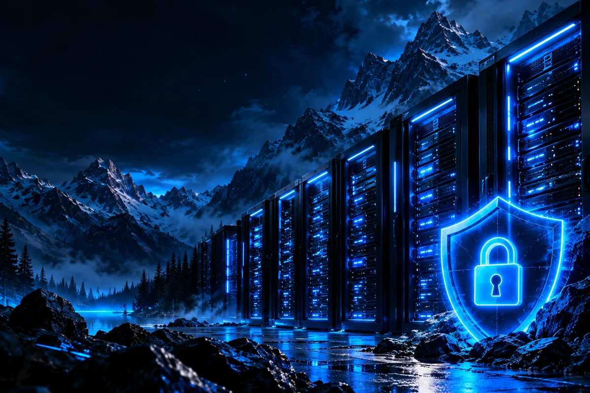 Glowing security shield with padlock beside rows of servers in front of snowy mountains at night