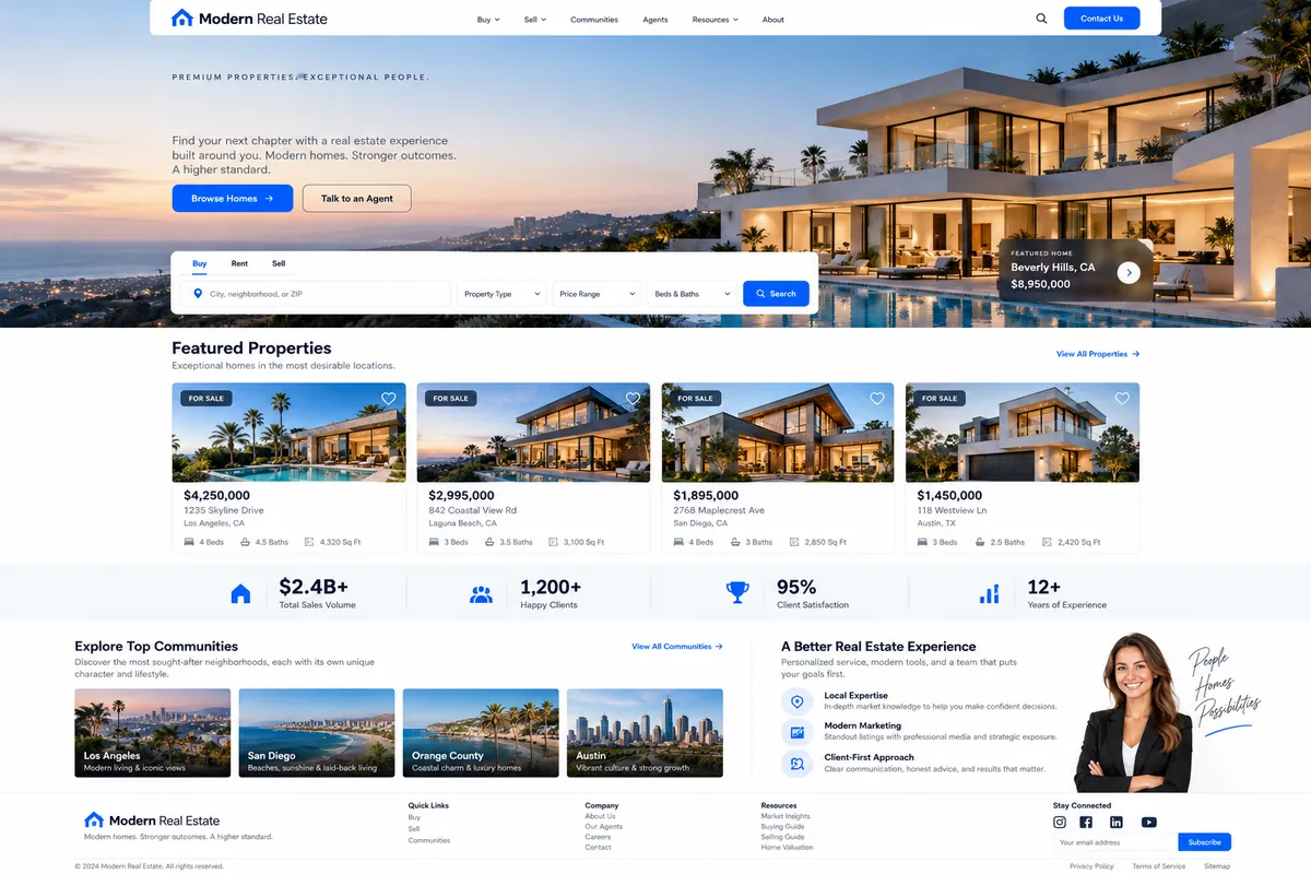 Concept homepage for a modern real estate company with a featured-properties grid