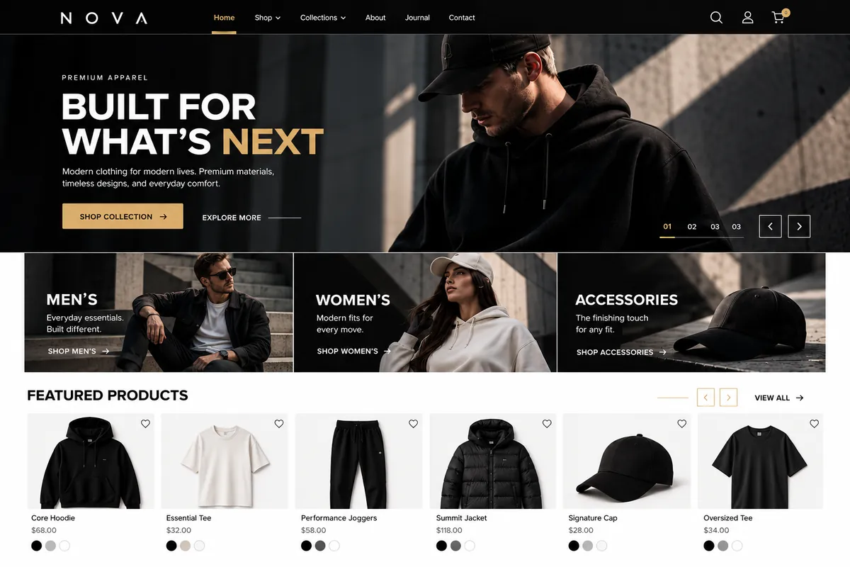 Concept online store for a premium apparel brand with category tiles and featured products