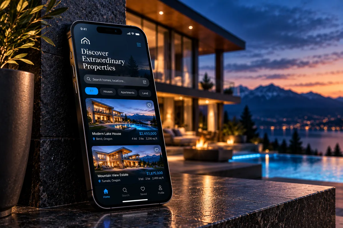 Concept property-search mobile app shown on a phone at a lakeside home at dusk