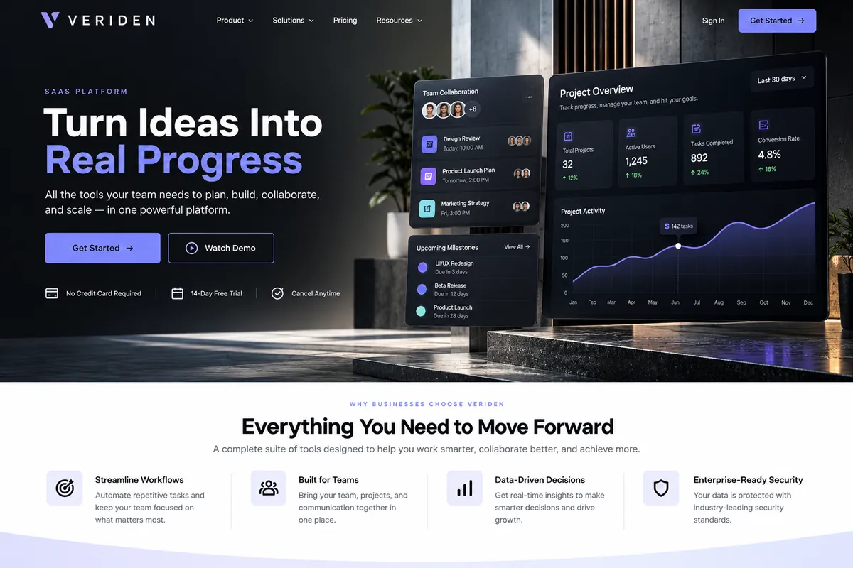 Concept SaaS landing page with a project dashboard and analytics chart